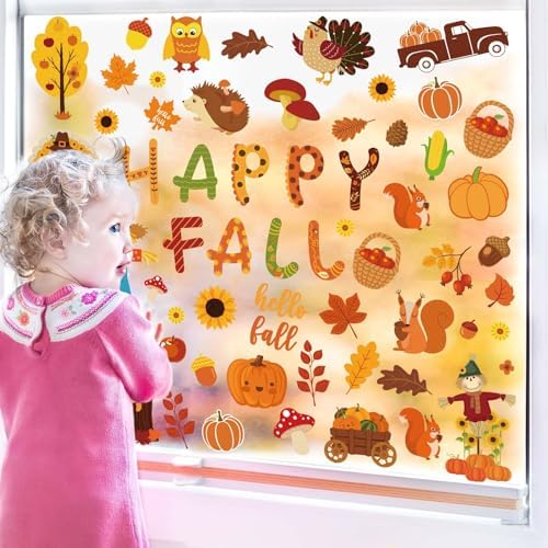 Whaline 9 Sheets Happy Fall Thanksgiving Window Clings Autumn Cute Cartoon Window Stickers Static Reusable Glass Decals for Harvest Party Home Classroom Office Decor Supplies