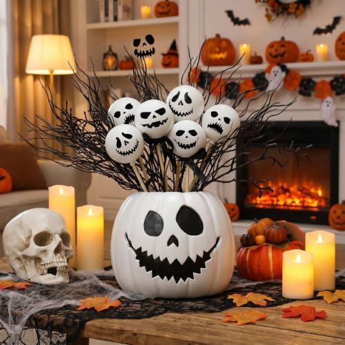 Wiwiqing Halloween Table Centerpieces Decor Resin Pumpkin Vase with Artificial Ghost Skull Face Balls Branch Flower Soil, Retro DIY Spooky Pumpkin Vase for Home Kitchen Indoor Decoration(Scary Face)
