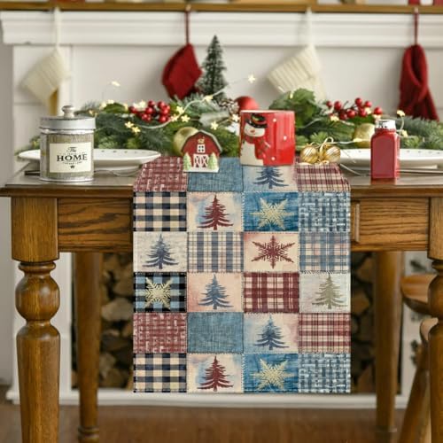 RABUSOFA Christmas Trees Table Runner 13 x 72 Inch, Waterclor Buffalo Plaid Seasonal Winter Holiday Xmas Winter Kitchen Dining Table Merry Christmas Decoration for Indoor Outdoor Home Party Decor