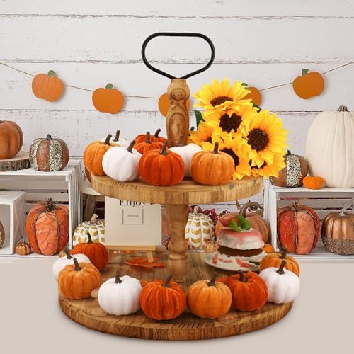 18 Pcs Fall Artificial Velvet Pumpkins Fake Fabric Pumpkin Faux Foam Pumpkins Orange Yellow White Artificial Pumpkin Decorations for Fall Harvest Thanksgiving Halloween Farmhouse Table Centerpiece