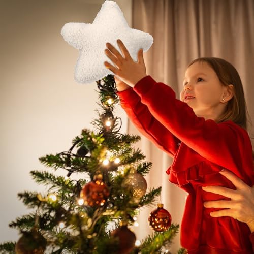MiniInflat 10" Star Christmas Tree Topper White Faux Fur Star Tree Topper Christmas Treetop Ornament Holiday Xmas Decor for Xmas Home Decoration(Curly Plush)