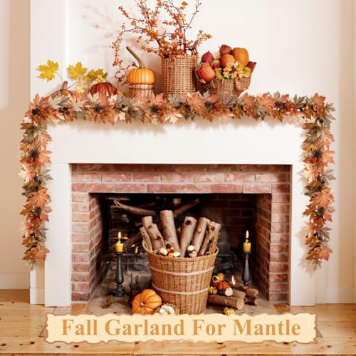 9 FT Lighted Fall Garland with Lights Autumn Automatic ON/Off Timer
