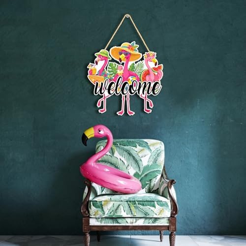 Flamingo Welcome Door Sign 12'' Summer Tropical Wooden Decor Hawaiian Flamingo Wall Art Hanging Sign Pink Flamingos Front Door Wreath for Farmhouse Home Wall Holiday Summer Decor, Housewarming Gift