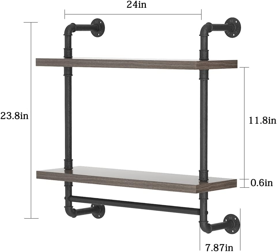 Helsin 2 Tier Wood Floating Shelves Towel Rack, Industrial Pipe Bathroom Shelves Wall Mounted with Towel bar, Wall