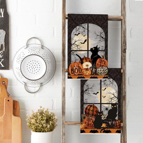 Artoid Mode Black Cat Moon Halloween Kitchen Towels Set of 2 18x26 Inch