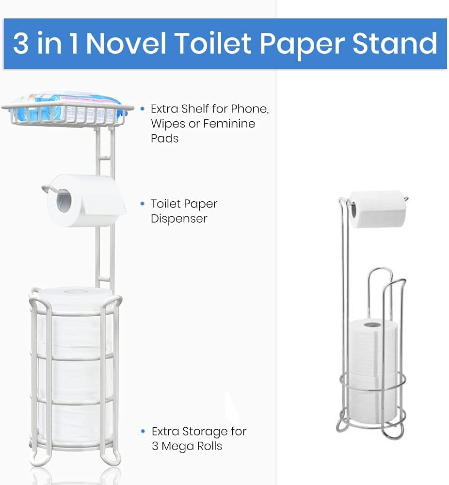 [Upgrade] Toilet Paper Holder Stand Nautical Bathroom Tissue Holders Free Standing with Top Shelf Storage Mega