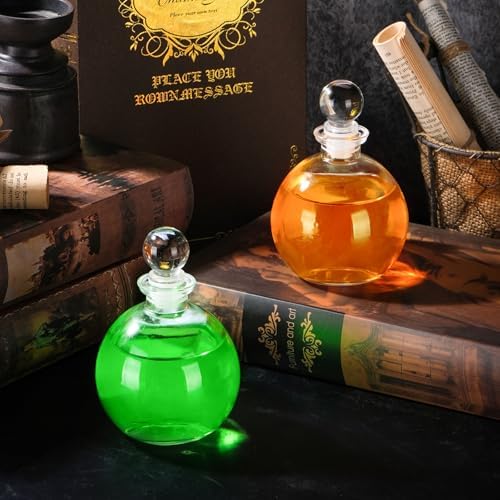 2 Pack Spherical Glass Bottles Magic Season Decorative Jars with Stopper 8.5oz Round Glass Clear Containers for Liquids Halloween Costume Props DIY Art Crafts Gift
