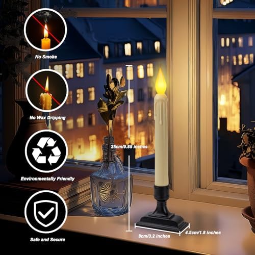 6 Pcs Sensor Dawn to Dusk Window Candles, Flickering Battery Candles for Windows, Ultra Bright Fake Candle Lights with Black Holders, Led Candlesticks for Xmas Home Decor, Warm Yellow Light