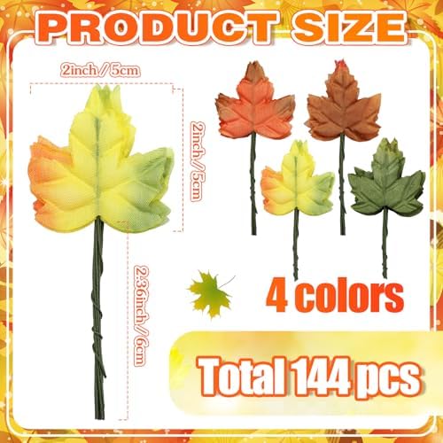 Thiccywoov 144 Pcs Fall Maple Leaves Bulk for Decoration Craft Autumn Stem
