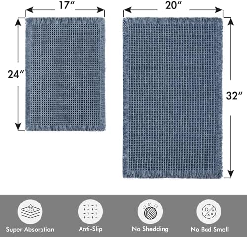MIULEE Set of 2 Waffle Bathroom Rugs Boho Bath Mat Blue 17"x24"+20"x32"