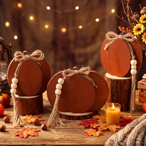 Cinnvoice 3 Pcs Fall Pumpkin Decor, Brown Wooden Tabletop Signs, 4.7 in