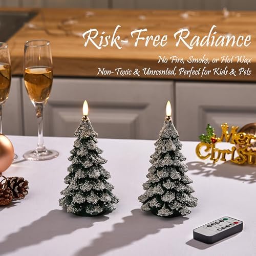 Christmas Tree Candles Covered in Snow with Remote, 2 Pcs Waxy LED Flameless Candles Flickering, Green Electric Candles Battery Operated for New Year Celebration Holiday Decorations 8.5 Inches
