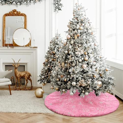Christmas Tree Skirt Pink 30 inch Silver Christmas Tree Skirt Snowflakes Faux Fur for Xmas Holiday Home Party Decorations