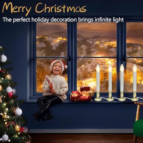 4 Pack Electric Christmas Window Candle, Brass Plated Base Window Candles with Sensor Dusk to Dawn, Candle Set for Home & Kitchen for Window Table Christmas Decorations