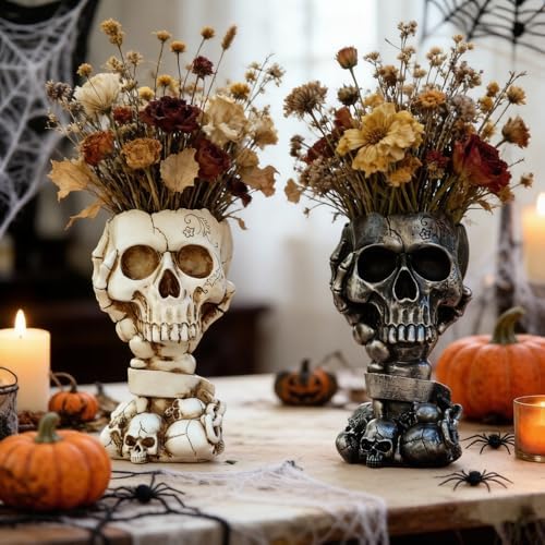 Skull Planter, Gothic Planters for Halloween Decorations Indoor/Outdoor Plants, Goth Flower Pots, Plant Pots, Skull Flower Pot, Plant Pot, Unique Vase with Drainage(Tall Black)