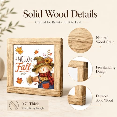 Fall Wood Sign, Hello Fall Scarecrow and Maple Leaf Tabletop Decor