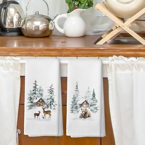 XPH Winter Deer Bear Kitchen Dish Towels Set of 2, Deer Gifts for Women, Bear Gifts, Rustic Farmhouse Cabin Wildlife Animals Hand Towels Kitchen Tea Towel Decorations, 16x24inch