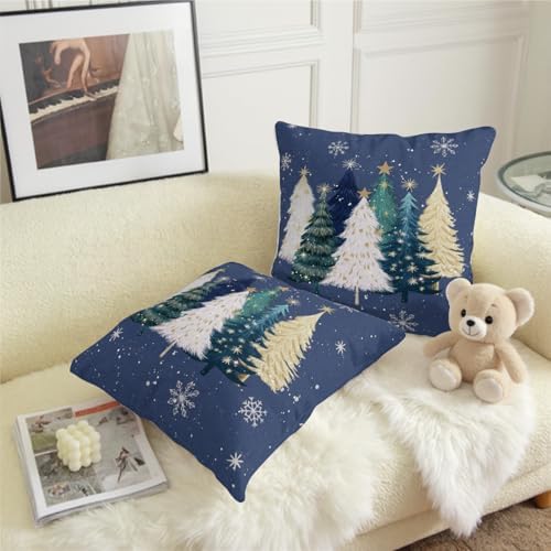 Blue Christmas Pillow Covers 20x20 Set of 2 Teal White Gold Xmas Tree Snowflakes Decorative Outdoor Throw Pillow Cases Winter Holiday Farmhouse Cushion Cover for Sofa Couch Patio