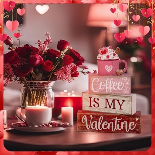 Lineshading 4 Pcs Valentine Coffee Wood Block Signs, Tiered Tray Decor
