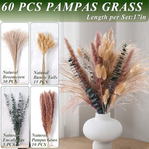 60Pcs Dried Pampas Grass & Eucalyptus Decor, Boho Bouquet for Home