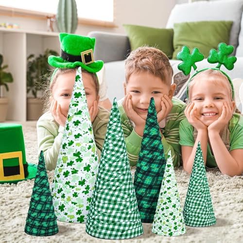 6 Pcs 12" 10" 6" St. Patrick's Day Cone Tree Centerpiece Decoration Lucky Irish Shamrock Tabletop Sign Green Shamrock Tiered Tray Table Decor for Saint Patrick Party Fireplace Home Ornament