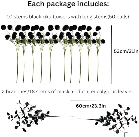 12 Black Artificial Flowers & Eucalyptus Long Stems, Halloween Decor