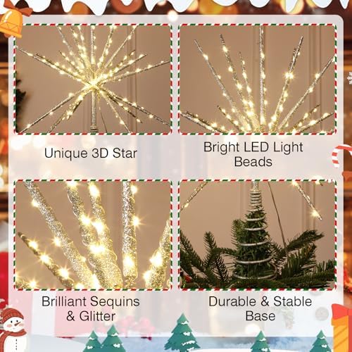 15-Inch Starburst Christmas Star Tree Topper with 150 LEDs & Remote, Silver