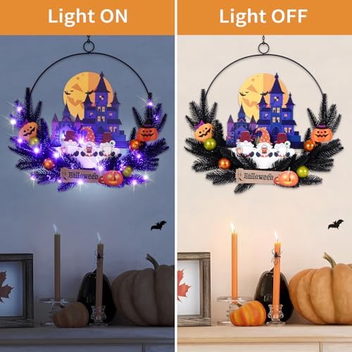 Pre-Lit Halloween Wreath for Front Door, Lighted Dwarf with 6H On/18H Off