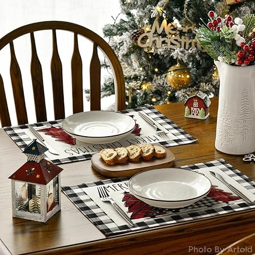 Artoid Mode Waterclor Buffalo Plaid Christmas Trees Placemats Set of 6, 12x18 Inch Winter Table Mats for Outdoor Home Party Kitchen Dining Decor