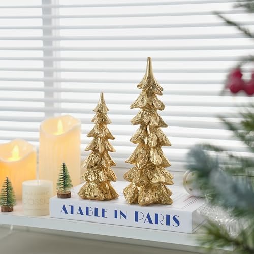 FESTGLOX Gold Christmas Tree Figurines, Resin Tabletop Christmas Tree Decor