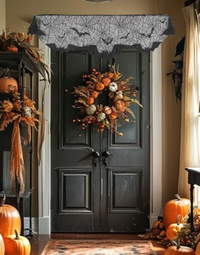 Halloween Fireplace Decorations, Fireplace Mantle Scarf Cover Garland Decor, Black Lace Spider Web for Door Windows for Festive Party (Style bat, black1)