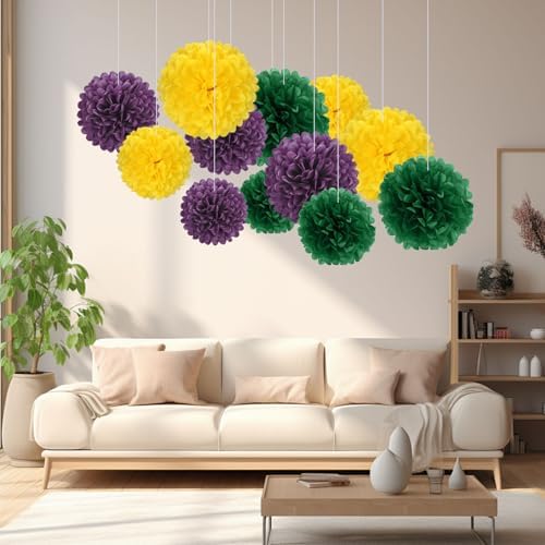 18 PCS Tissue Paper Pom Poms, Tissue Pom Poms Flowers, Sizes of 6", 10", 12", 14" Hanging Paper Flower Ball for Wedding, Birthday, Mardi Gras, Baby Shower Party Supplies Decor (Yellow Green Purple)