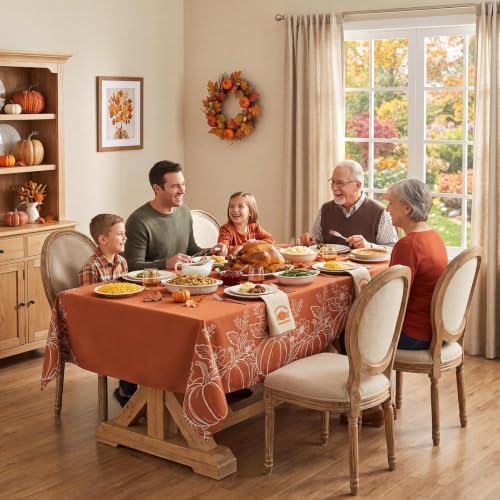 Softalker Long Fall Tablecloths 60x120 Inch Rectangular, Faux Linen Autumn Table Cloth Maple Leaves & Pumpkin Table Cover for 6/8/10 Foot Rectangle Large Tables Decor for Thanksgiving,Dining,Outdoor