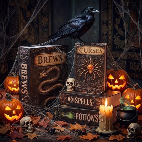 Sabary Set of 4 Decorative Books Boxes Faux Books Stacked for Coffee Tables Modern Home Bookshelves DIY Decor for Crafts (Black and Gray,Halloween)