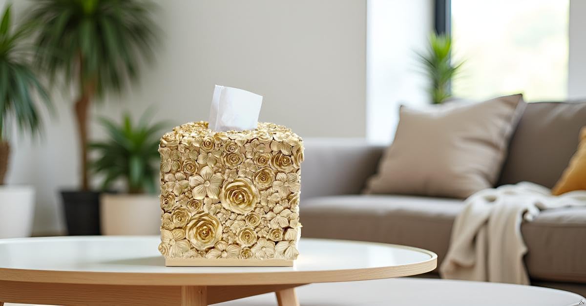 Square Tissue Box Cover Decorative Kleenex Box Holder / Gold-g