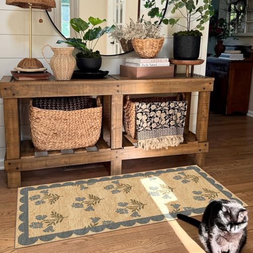 Front Door Mat Indoor Entrance - 2x4.3 Jute-Look Blue Floral Rug