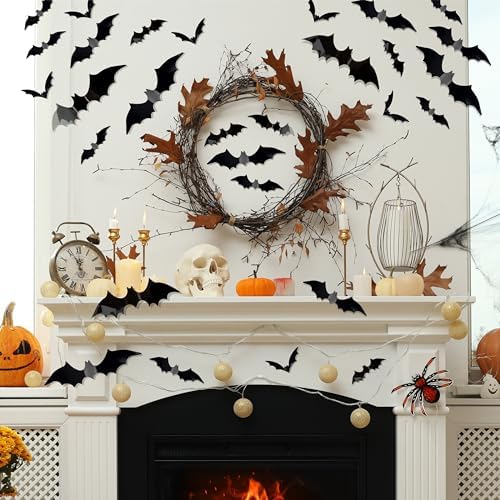 Bobobag 120 Pcs 3D Bats Halloween Decorations,Halloween Wall Decor 4 Sizes Black Bats Sticker for Wall Window
