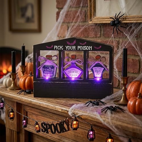 Valery Madelyn Halloween Decorations Indoor with Purple LED Lights, Lighted Spooky Halloween Decor Pick Your Poison Tabletop Sign, Witch Decorations for Home Party Office, 8 Inch