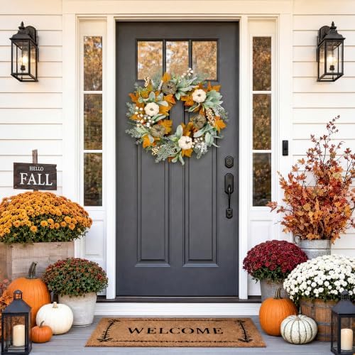 Pinkpum 20" Fall Wreath for Front Door Pumpkin Lambs Ear Wall Decor Autumn