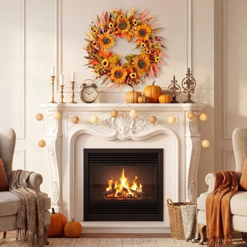 Pinkpum 24" Fall Wreath Front Door Sunflower Artificial Wall Decor Autumn