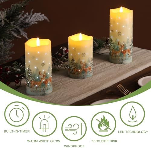 Eywamage Fiber Optic Christmas Flameless Pillar Candles with Remote, Flickering Forest Deer Holiday LED Battery Candles Set of 3