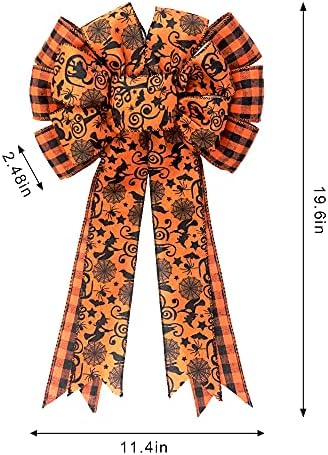 Buffalo Plaid Halloween Bow - Large Black & Orange Spider Web Bat Tree Topper - Gift Bows for Party & Home Decoration