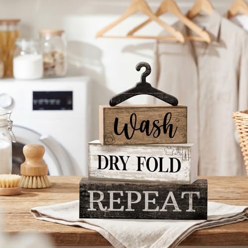 Moucuny 4 Pcs Farmhouse Laundry Room Decor Stacked Blocks Rustic Home Decor