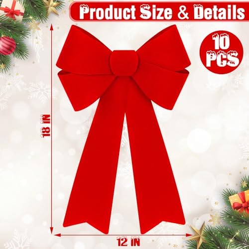 10 PCS Christmas Bows for Wreaths, 12 x 18 Inches Red Christmas Decorations, Christmas Tree Bow Red Velvet PVC Outdoor Red Christmas Bows Hanging Kink Red Christmas Bow for Wreath Stairs Xmas Party