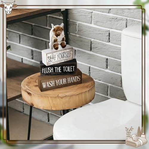 Moucuny 4 Pcs Highland Cow Bathroom Decor Funny Wooden Signs Farmhouse