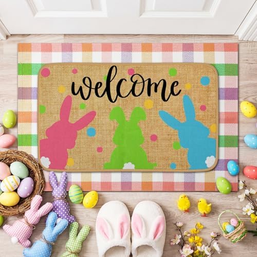 Tinideya 2 Pcs Easter Bunny Doormats Welcome Outdoor Spring Rabbit Door Mats Layered Front Door Rugs Non Slip Floor Mats for Porch Entryway Outdoor