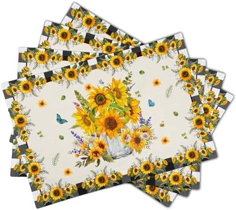 Sunflower Placemats Set of 4 18x12 Inch Summer Fruit Black and White Buffalo Plaid Linen Place Mats Heat-Resistant Washable Wipeable Yellow Floral Table Mat for Kitchen Dining Room Dinner Table Decor