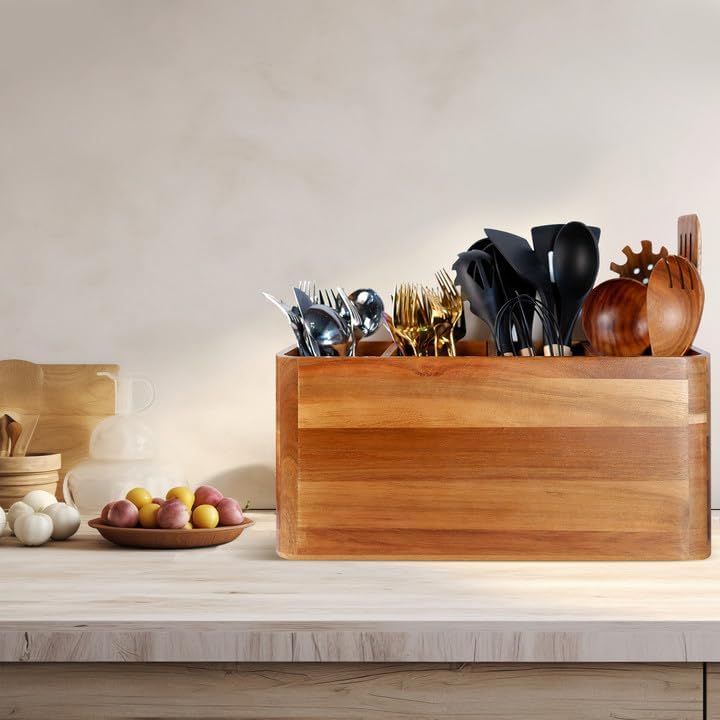 Wooden Kitchen Utensil Holder Organizer for Counter or Countertop, Large Wooden Utensil Holder for Storage Cooking and