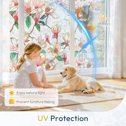 rabbitgoo Stained Glass Window Privacy Film, Magnolia, 23.6" x 157.4"