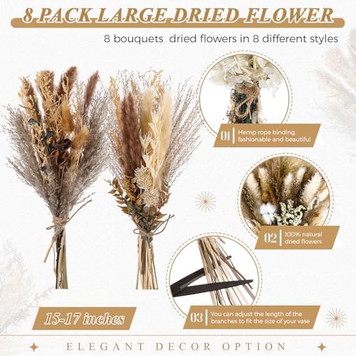 Layhit 8 Pack Large Size Boho Dried Flowers 15-17 Inch, Classic